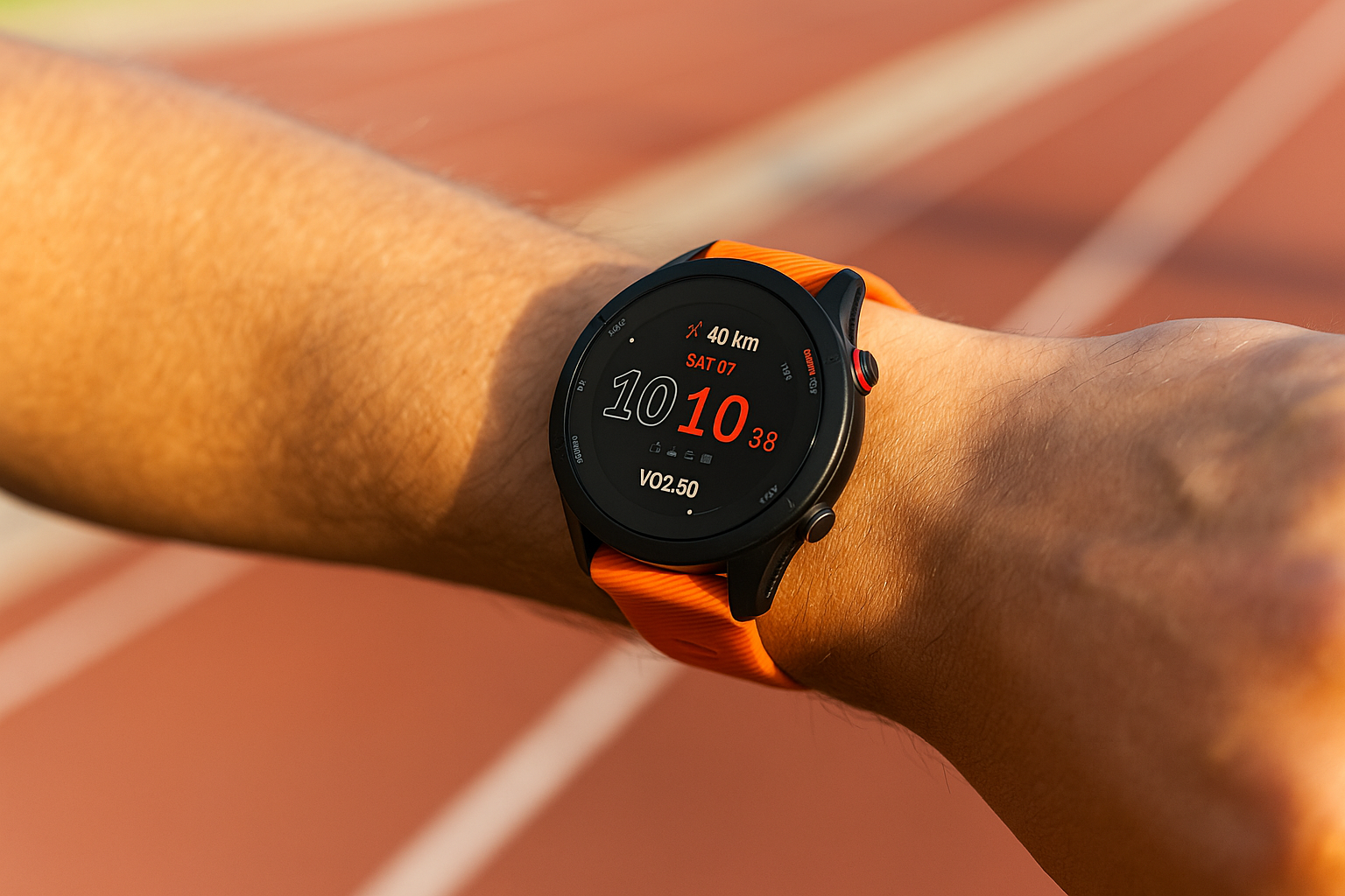 Orange Garmin-rem på en joggingklocka på en löparbana