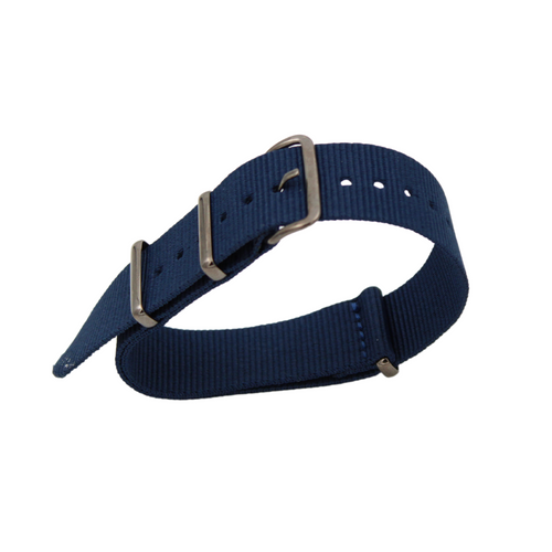 Blått nato-armband med spänne i pistolmetall